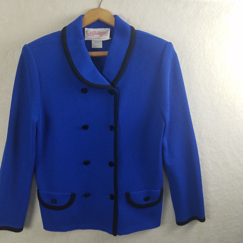 Castleberry Blue Black Trim Double Breasted Knit Blazer USA made‎ Vintage
